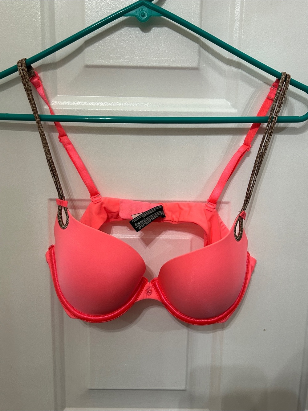Victoria's Secret Neon Coral Push-Up Bra with Leopard-Print Straps